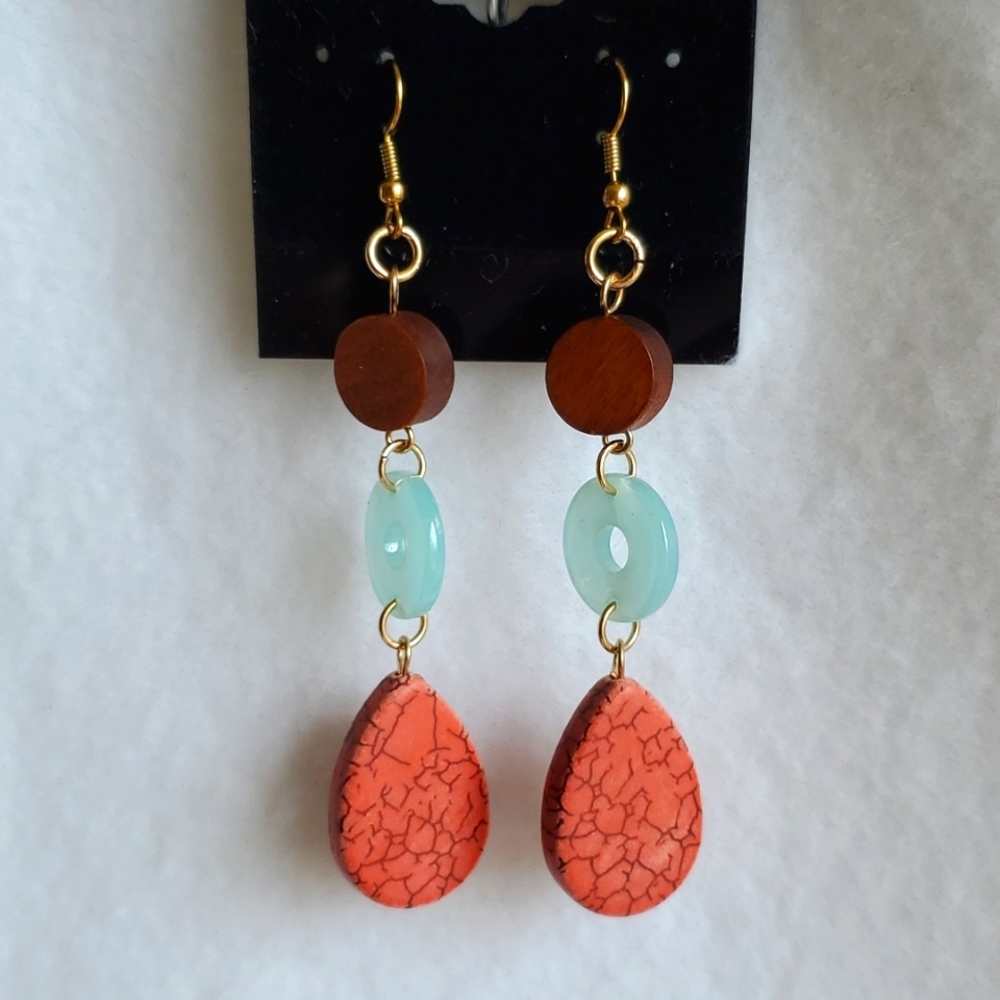 Womens wood, acetate, and acrylic drop hook earrings